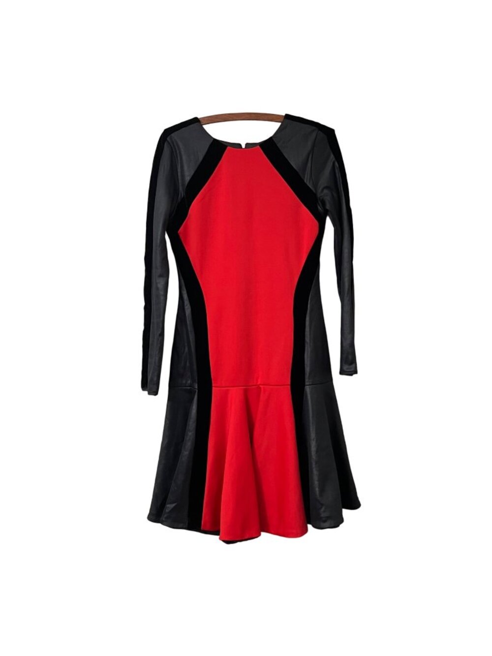 Katharine Kidd Black Red Velvet Trim Ruffle Hem Long Sleeve Dress Size 6